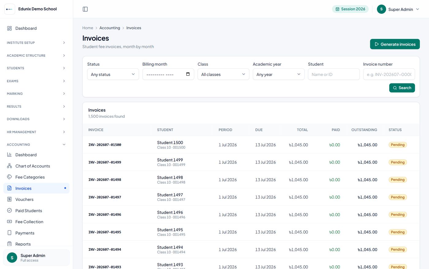 The invoice list showing invoice numbers, billing periods, amounts and payment status.