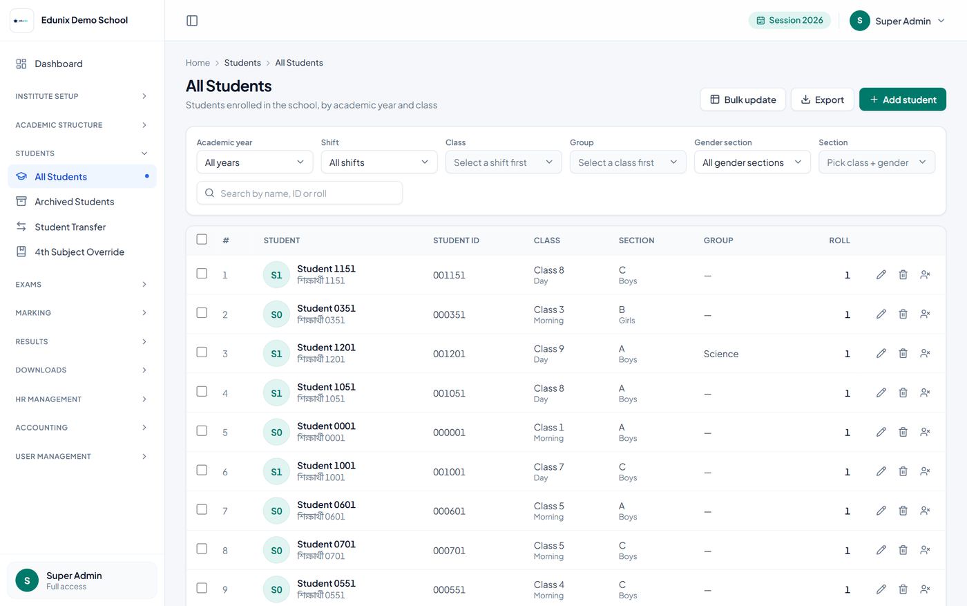 The student list with filters for year, shift, class and section, a search box and a table of enrolled students.